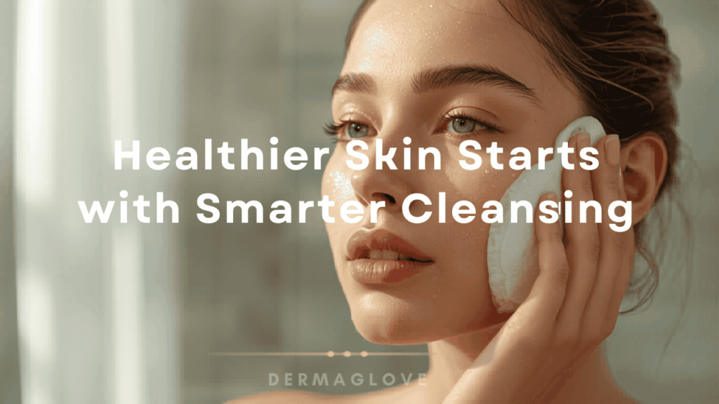 A woman cleansing her face with another innovative product by DERMAGLOVE. Face Cleanse
