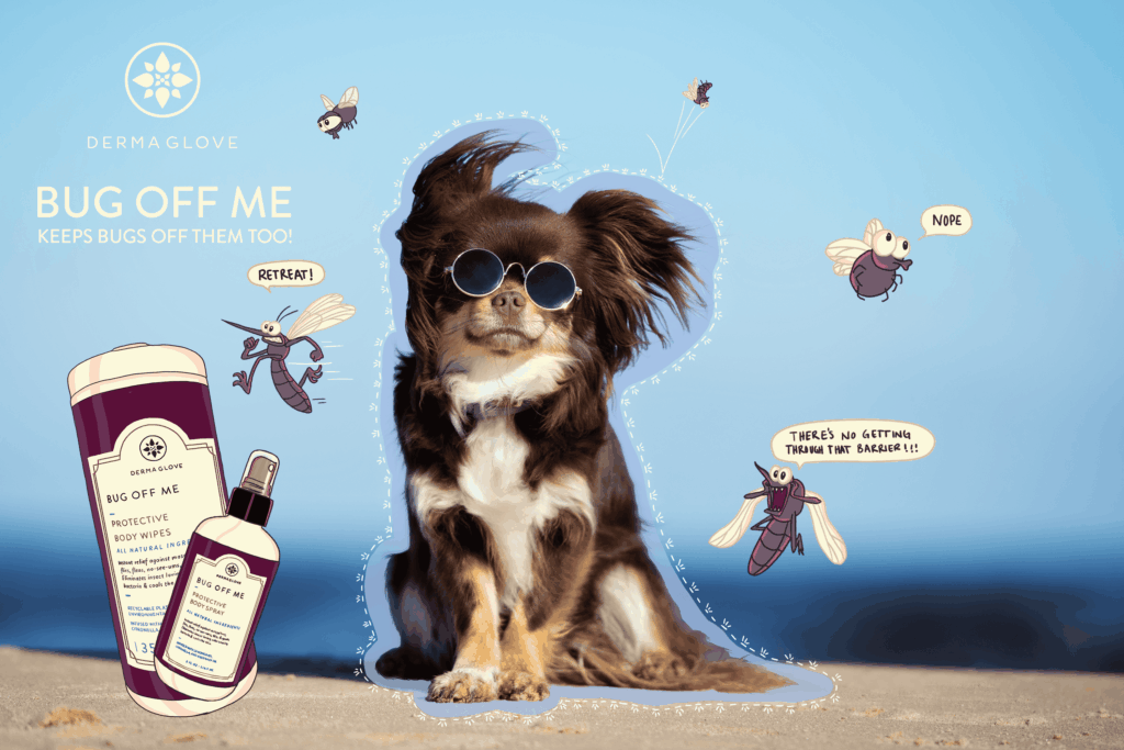a cute puppy with sunglasses protecting it's eyes from the glare. The background has mosquitos swarming, but can't infect the puppy is protected by DERMAGLOVE's Bug OFF ME natural spray.