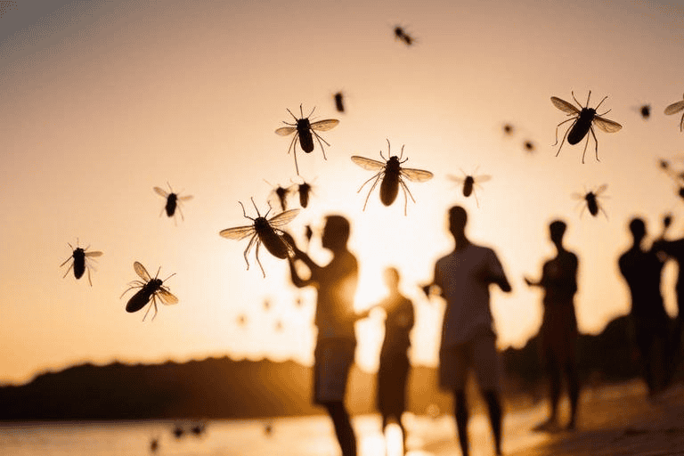 Background of people on the lake being swarmed by mosquitos