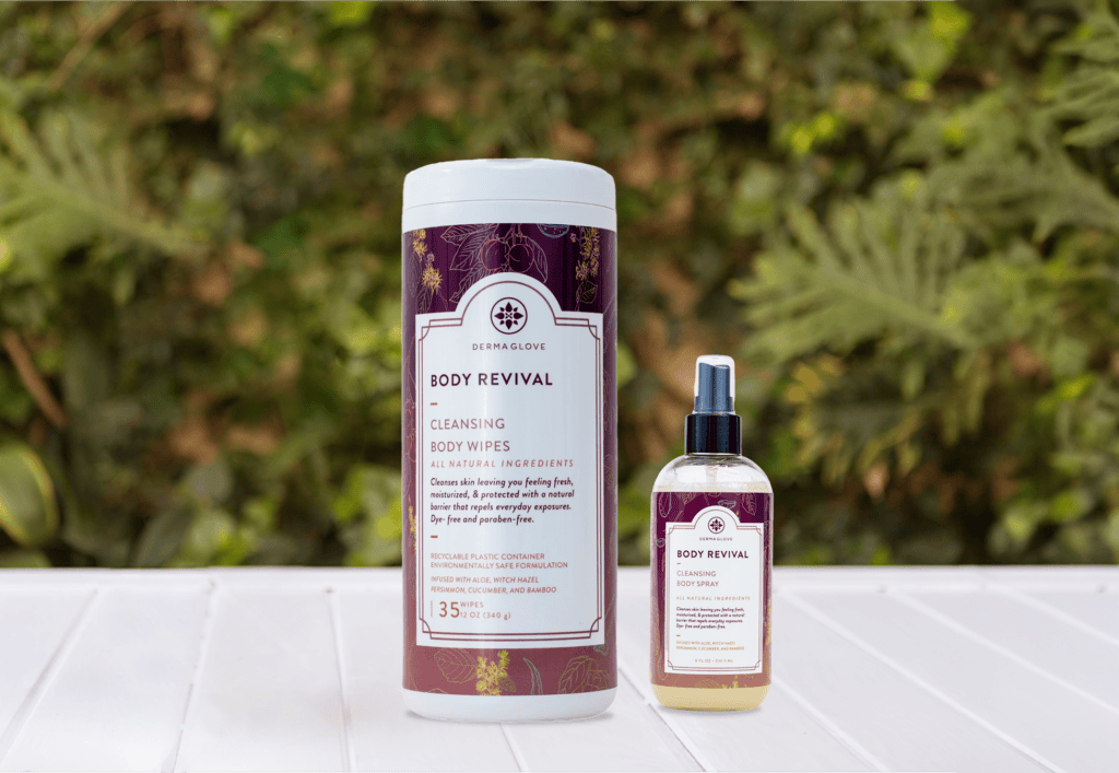 shows the disposable wipes and spray bottle of DERMAGLOVE's BodyRevival. A holistic ingredient you can apply for those with active lifestyles.