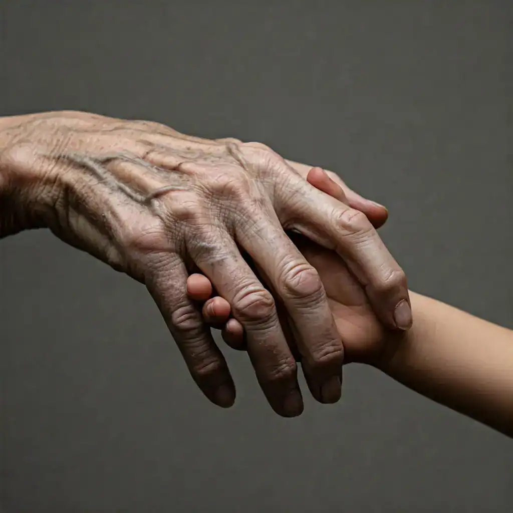 Revealing the aging process of skin. The image depicts a young hand interlocking with an elderly hand.