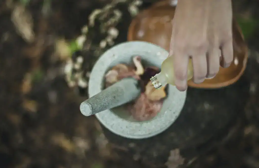 A photograph showing how DERMAGLOVE uses holistic, natural ingredients. It combines them with unique moisturizing oils to create a natural skin barrier.